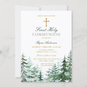 Invitation Croix Forêt à feuillage persistant Garçon Première