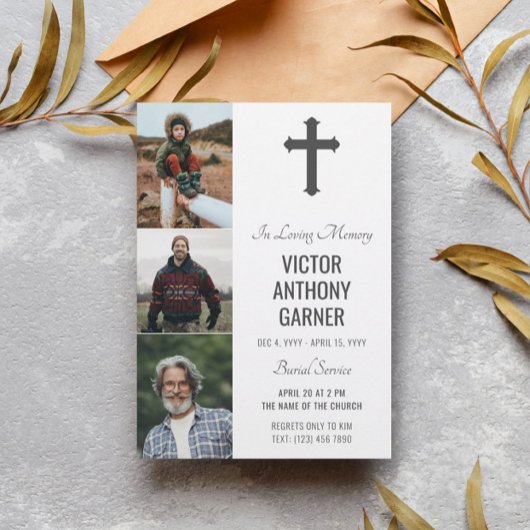 Invitation Croix gris 3 Photos Service d'inhumation blanc