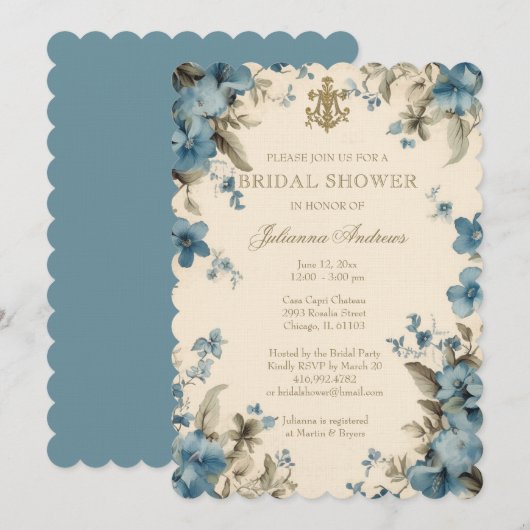 Invitation Croix Marian de la Fête des mariées Florale Bleue  (Devant / Derrière)