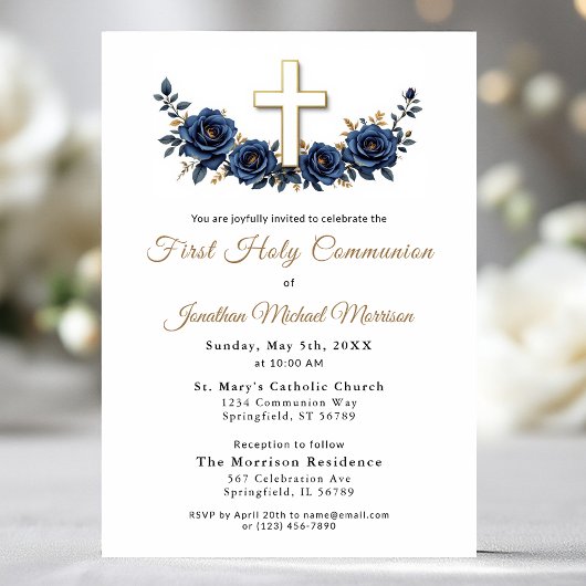 Invitation Croix Marine Blue Gold Floral Première communion