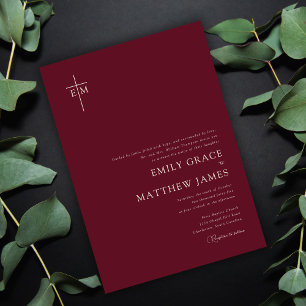 Invitation Croix minimaliste bordeaux monogrammée chrétienne