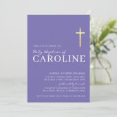 Invitation CROIX MODERNE or saint baptême simple violet blanc (Debout devant)
