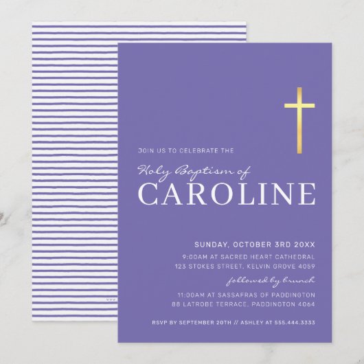 Invitation CROIX MODERNE or saint baptême simple violet blanc (Devant / Derrière)