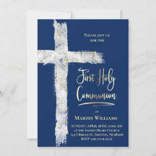 Invitation croix moderne sur fond bleu Première communion