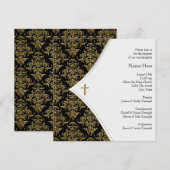 Invitation Croix noire et dorée pour baptême (Devant / Derrière)