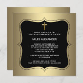 Invitation Croix Noire Or Boys Première Communion (Devant / Derrière)