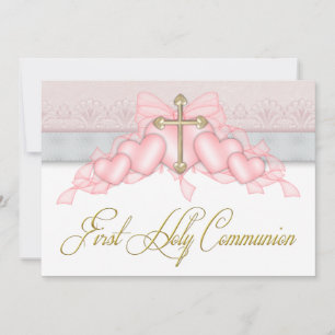 Invitation Croix Or Rose Fille Rose Première Communion