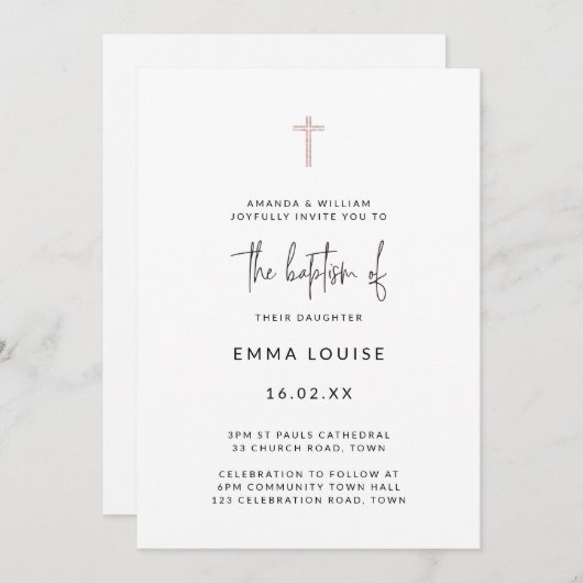 Invitation Croix Pailletée Or Rose Moderne Baptême Manuscrit (Devant / Derrière)