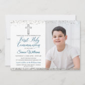 Invitation Croix Parties scintillant argent Script première c (Devant)