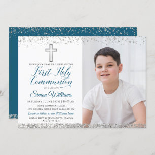 Invitation Croix Parties scintillant argent Script première c
