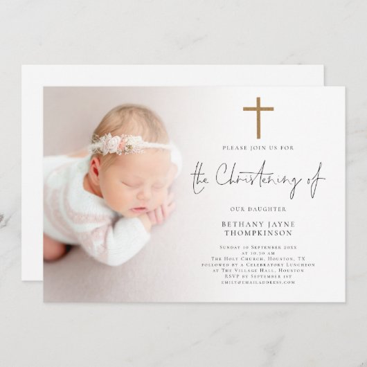 Invitation Croix Parties scintillant or photo moderne Christi (Devant / Derrière)