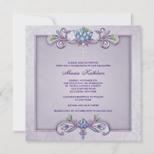 Invitation Croix pourpre Damas Filles Première communion