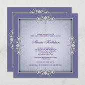 Invitation Croix pourpre Damas Filles Première communion (Devant / Derrière)