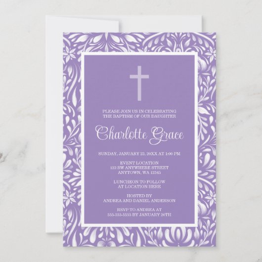 Invitation Croix pourpre Damask Fille Baptême Christening (Devant)