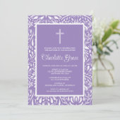 Invitation Croix pourpre Damask Fille Baptême Christening (Debout devant)