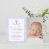 Invitation Croix pourpre Damask Filles Photo Baptême Invitati (Debout devant)