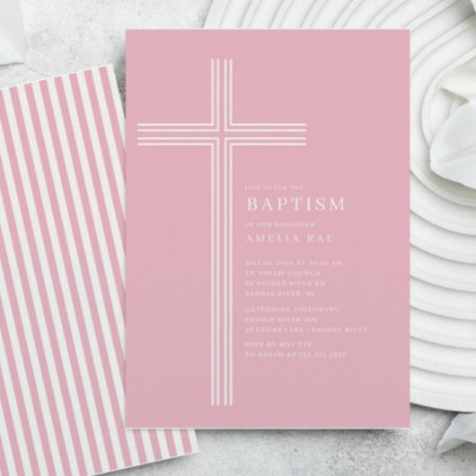 Invitation Croix rayée rose pour baptême