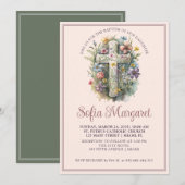 Invitation Croix religieuse Aquarelle Florale Fille Baptême (Devant / Derrière)