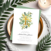 Invitation Croix religieuse Baptême botanique