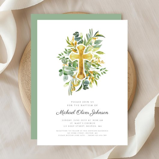 Invitation Croix religieuse Baptême botanique