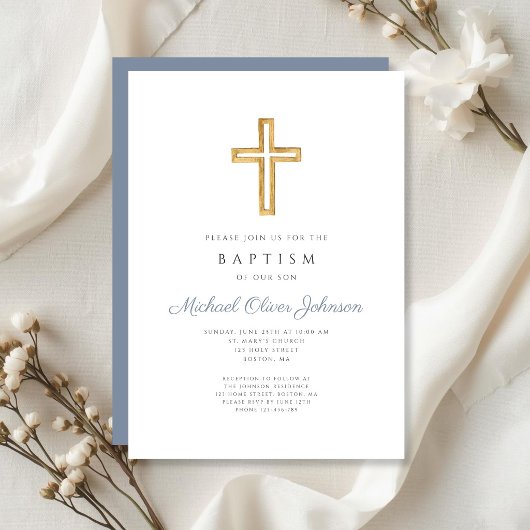 Invitation Croix Religieuse Baptême Garçon Bleu Poussiéreux