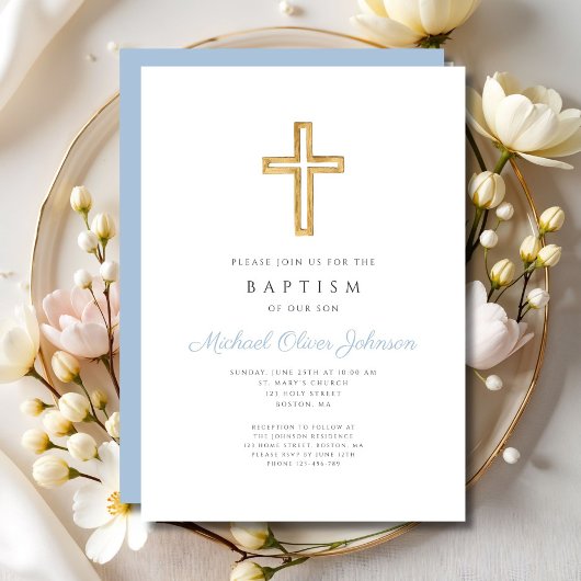 Invitation Croix religieuse Bébé Bleu Script Garçon Baptême