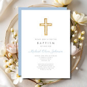 Invitation Croix Religieuse Bébé Garçon Bleu Clair Écriture B