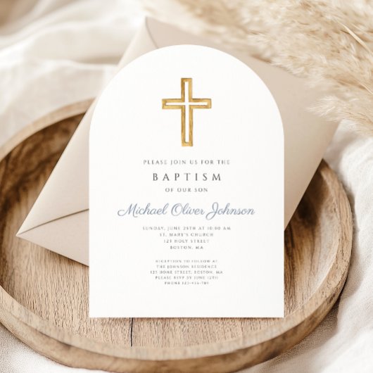 Invitation Croix religieuse bleu Dusty Script garçon Baptême