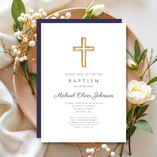 Invitation Croix Religieuse Bleu Marine Garçon Baptême