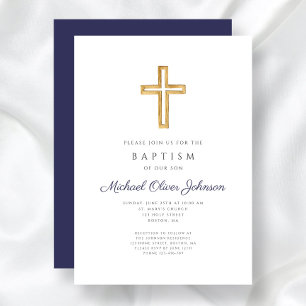 Invitation Croix Religieuse Bleu Marine Garçon Baptême