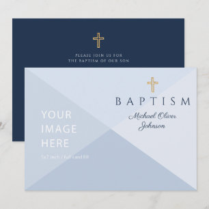 Invitation Croix religieuse bleu marine garçon baptême image