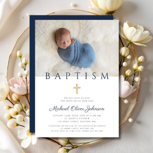 Invitation Croix Religieuse Bleu Marine Garçon Baptême Photo
