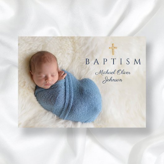 Invitation Croix religieuse bleu moderne Boy Baptism Photo