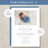 Invitation Croix Religieuse Bleue Boy Photo Baptême