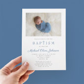 Invitation Croix Religieuse Bleue Boy Photo Baptême