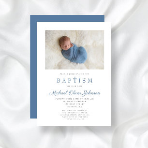 Invitation Croix Religieuse Bleue Boy Photo Baptême