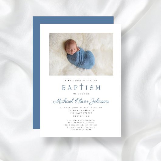 Invitation Croix Religieuse Bleue Boy Photo Baptême