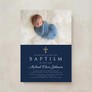 Invitation Croix Religieuse Bleue Élégante Photo de Baptême d