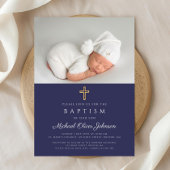 Invitation Croix Religieuse Bleue Marine Photo Boy Baptême