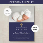 Invitation Croix Religieuse Bleue Marine Photo Boy Baptême