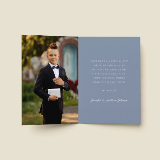 Invitation Croix religieuse bleue poussiéreuse Garçon Premièr