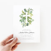 Invitation Croix religieuse botanique moderne Baptême