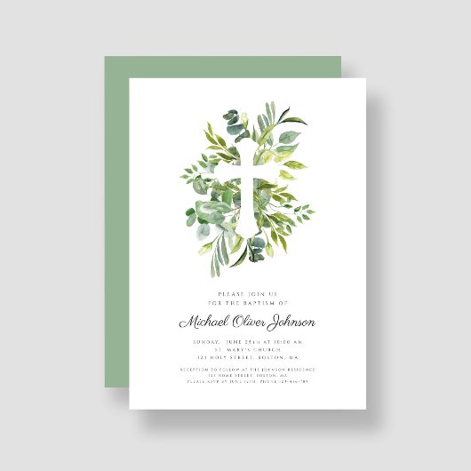 Invitation Croix religieuse botanique moderne Baptême