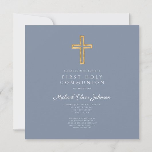 Invitation Croix religieuse Dusty Blue Boy First Communion (Devant)