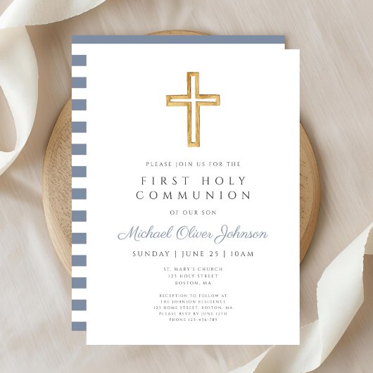 Invitation Croix religieuse Dusty Blue Boy First Communion