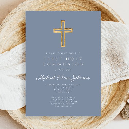 Invitation Croix religieuse Dusty Blue Boy First Communion
