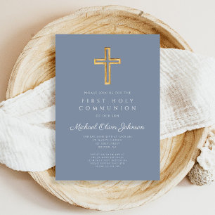 Invitation Croix religieuse Dusty Blue Boy First Communion