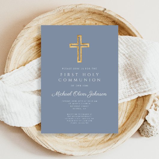 Invitation Croix religieuse Dusty Blue Boy First Communion