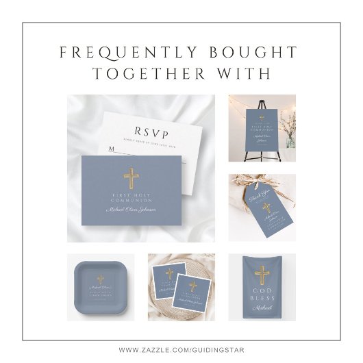 Invitation Croix religieuse Dusty Blue Boy First Communion