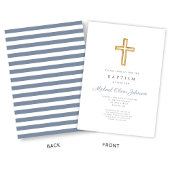 Invitation Croix religieuse Dusty Blue Stripes Baptême garçon
